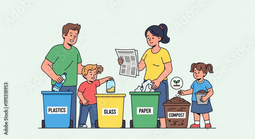 Family sorting waste for recycling and composting illustration of environmental responsibility and eco-friendly lifestyle flat design concept