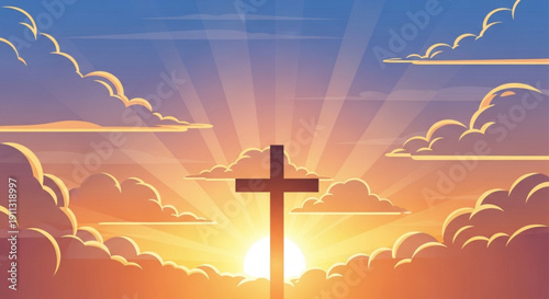 Christian cross silhouette against a vibrant sunrise sky with clouds symbolizing hope and faith perfect for religious themes