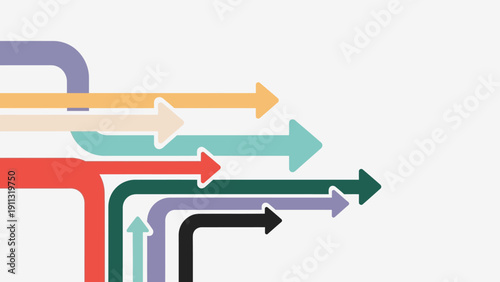 Colorful abstract arrows illustrating collective direction and forward movement, symbolizing strategic alignment, collaborative progress, and future achievement