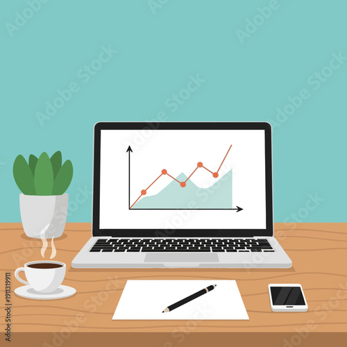 Laptop on a desk with a plant, coffee, and a graph displaying upward trend, representing business growth and success