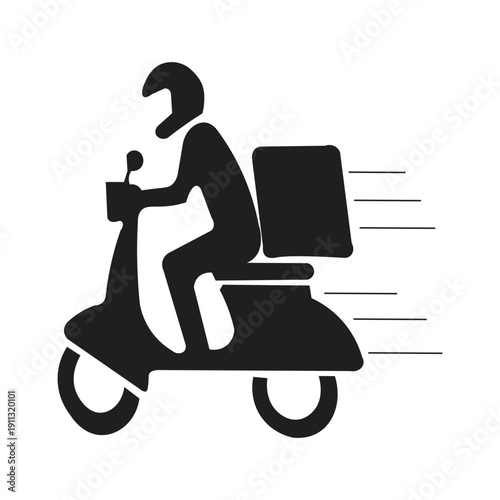 The silhouette illustration of a package sender icon is generally visualized through symbols that represent logistics, speed, and the movement of goods from one point to another.