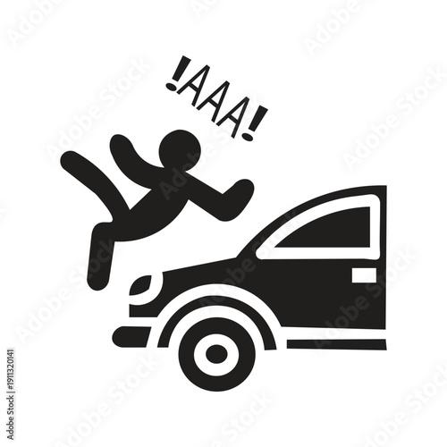A silhouette icon of a car hitting a pedestrian is a graphic pictogram illustration depicting a traffic accident, commonly used for warning signs, insurance applications, or hazard signs. This icon ai