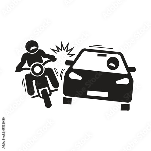 The silhouette illustration of a motorcycle crashing into a car icon is a visual symbol designed to represent a traffic incident between a motorcycle and a car. This icon is commonly used in the conte