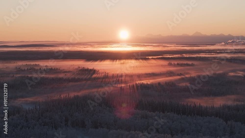 Aerial shot of cinematic winter scenery in Fairbanks, Alaska