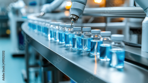 Wallpaper Mural Pharmaceutical production line robotic arms filling clear liquid into glass vials on stainless steel conveyor in clean factory environment Torontodigital.ca