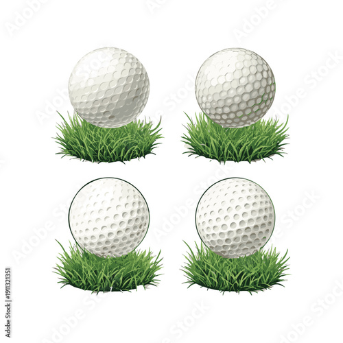 Four white golf balls resting on green grass tufts vector.