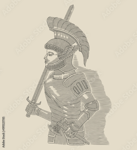 Spartan warrior holding sword and axe, vintage engraving drawing style vector illustration