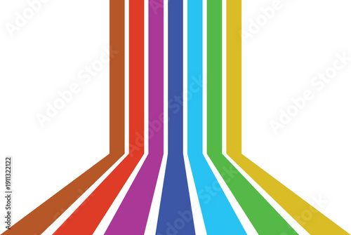 Symmetrical rainbow-colored vertical lines converging toward bottom center, abstract geometric perspective design with vibrant motion effect