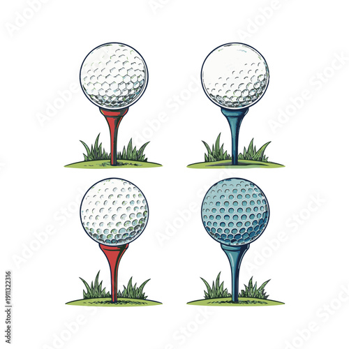 Four golf balls on tees with grass in a sketch style sport.