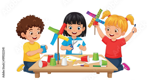 Three cheerful children engage in arts and crafts, making a colorful pinwheel and playing with plastic cups at a wooden table.