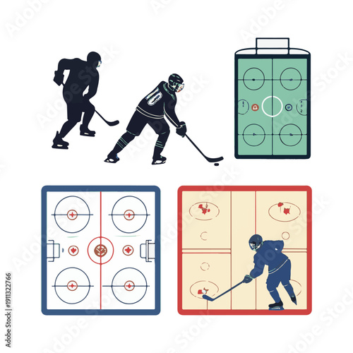 Ice hockey players and rink diagrams in flat illustration style game.