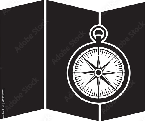 Map and Compass Silhouette – Navigation Vector Black on White