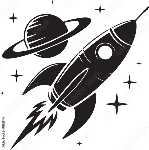 Space Scene Silhouette – Rocket and Planet Vector Black on White