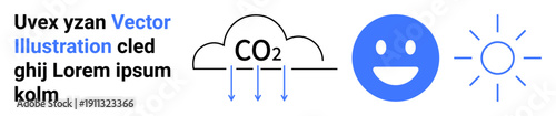 Climate change, renewable energy, sustainability, environmental awareness, carbon reduction, clean energy. CO2 cloud, animated sun and smiling face highlighted. Climate change and renewable energy