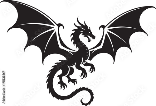 Dragon Silhouette – Mythical Dragon Vector Black on White