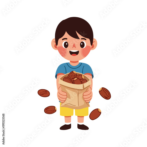 Happy child holding a bag of nuts