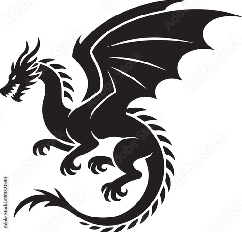 Dragon Silhouette – Mythical Dragon Vector Black on White