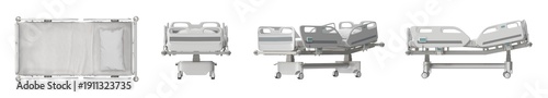 Modern hospital bed with adjustable features and wheels, isolated on white background