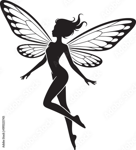 Fairy Silhouette – Winged Fairy Vector Black on White