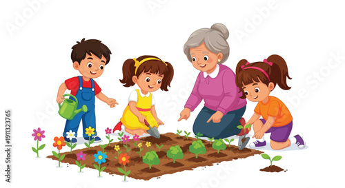 An elderly woman and three cheerful children happily engage in gardening, planting flowers and vegetables together in a vibrant outdoor scene.
