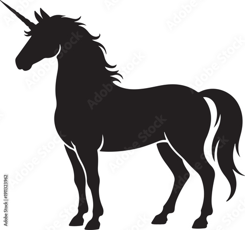 “Unicorn Silhouette – Mythical Horse Vector Black on White