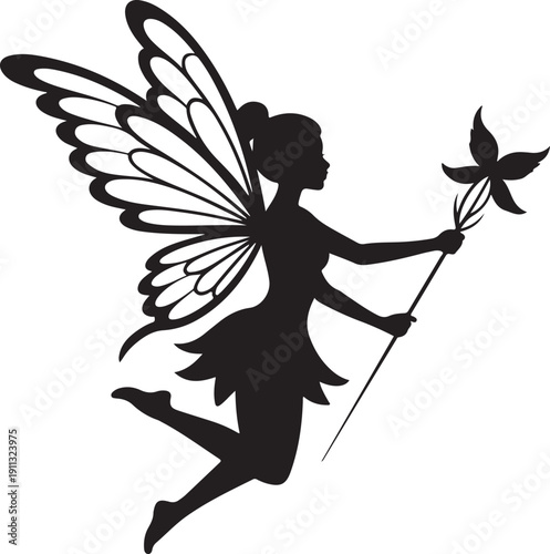 Fairy Silhouette – Winged Fairy Vector Black on White