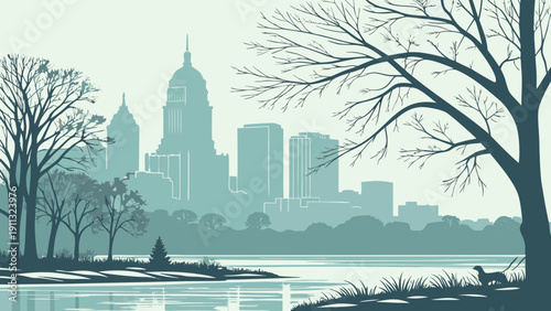 Minneapolis skyline silhouettes trees and water, showcasing city beauty. Ideal for travel brochures, city guides, and urbanthemed websites.