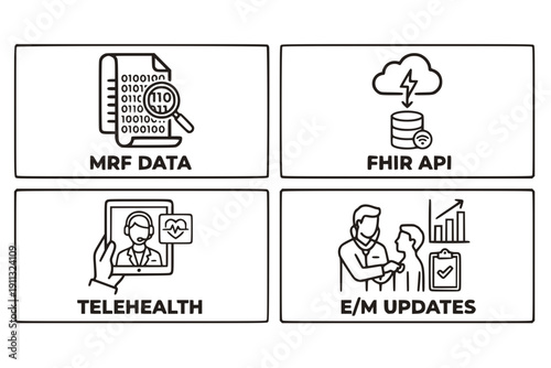 Healthcare Technology & Data Mandates 4 Vector Set MRF FHIR Telehealth E/M Icons