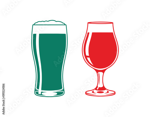 Stout beer icon set, distinct on a white background. Served in a tall pint glass and a tulip glass, designed in a stencil style. Vector clipart, a minimalist sign or basic logo for bars, pubs.