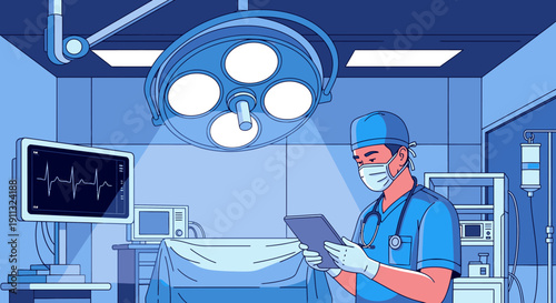 A focused surgeon in scrubs and a mask carefully reviews patient information on a tablet in a modern, brightly lit operating room, ready for surgery.