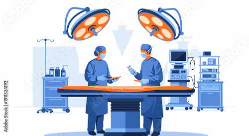 Two dedicated surgeons meticulously prepare for a critical medical procedure within a sterile operating room, highlighting professional healthcare and modern surgical practices.
