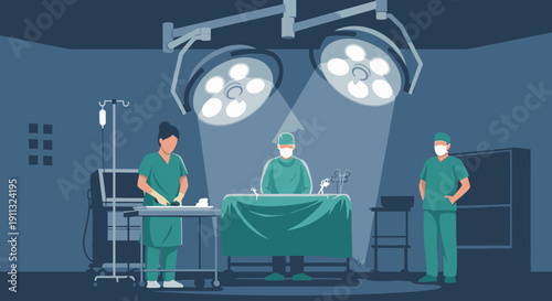 A focused medical team, including skilled surgeons and nurses, meticulously performs a vital operation in a brightly lit, sterile operating room, showcasing advanced healthcare.