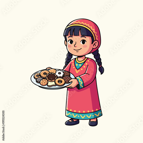 Traditional girl offering sweet treats on plate