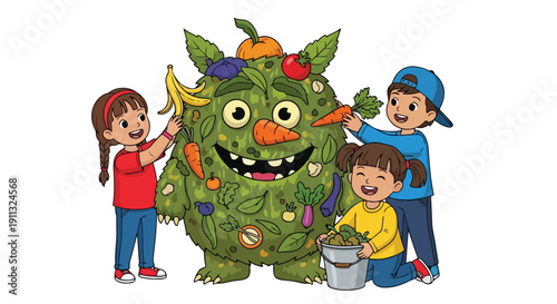 Three happy children interact with a friendly, green monster covered in fruits and vegetables, promoting healthy eating and nutrition.