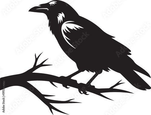 Raven on Branch Silhouette – Bird Vector Black on White