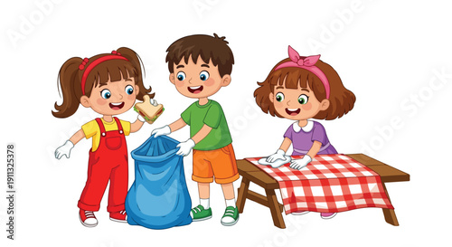 Three happy children, wearing gloves, clean up after an outdoor picnic with one girl holding a sandwich, another wiping the table, and a boy holding a trash bag.