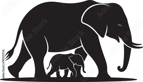 Elephant Family Silhouette – Elephant Mother and Calf Vector Black on White