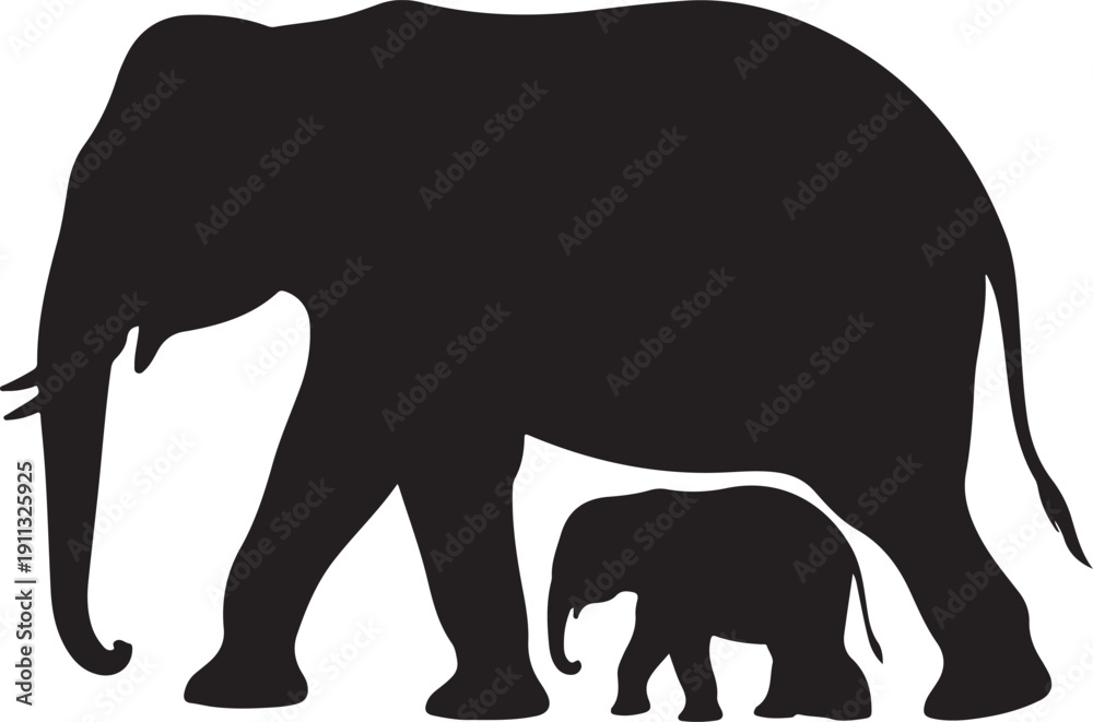 Obraz premium Elephant Family Silhouette – Elephant Mother and Calf Vector Black on White