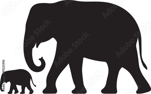 Elephant Family Silhouette – Elephant Mother and Calf Vector Black on White