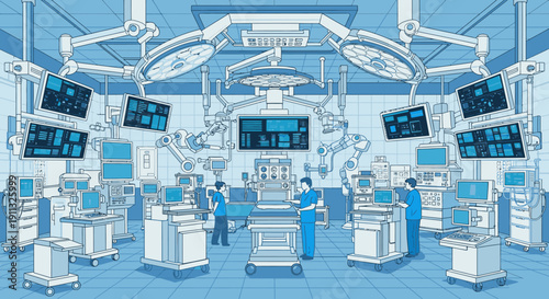 A sophisticated, high-tech operating room illustration, depicting medical professionals using advanced robotic technology and digital screens, symbolizing modern healthcare innovation.