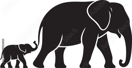 Elephant Family Silhouette – Elephant Mother and Calf Vector Black on White