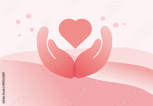 minimalist red illustration of supportive hands holding a heart symbol on a gradient background. symbolizing care and love 