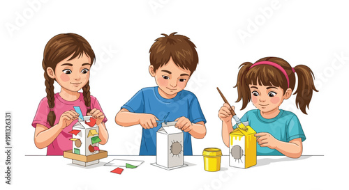 Three cheerful children are engaged in a creative crafting project, transforming cartons into decorative objects or birdhouses with paint and paper cutouts.