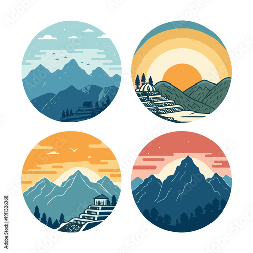 Four circular illustrations of mountain landscapes at different times of day nature clouds