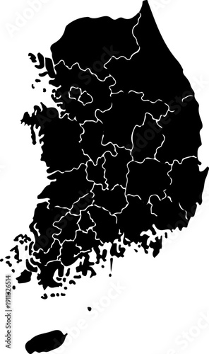 Black silhouette map of south korea with provinces outlined on white background