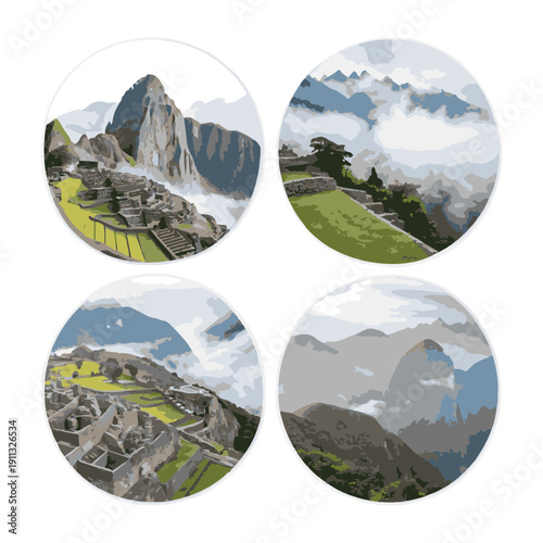 Four circular views of Machu Picchu ancient Inca citadel mountains and clouds peru