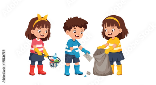 Three happy children in colorful outfits, wearing gloves and boots, actively pick up litter and recyclables for a cleaner environment.