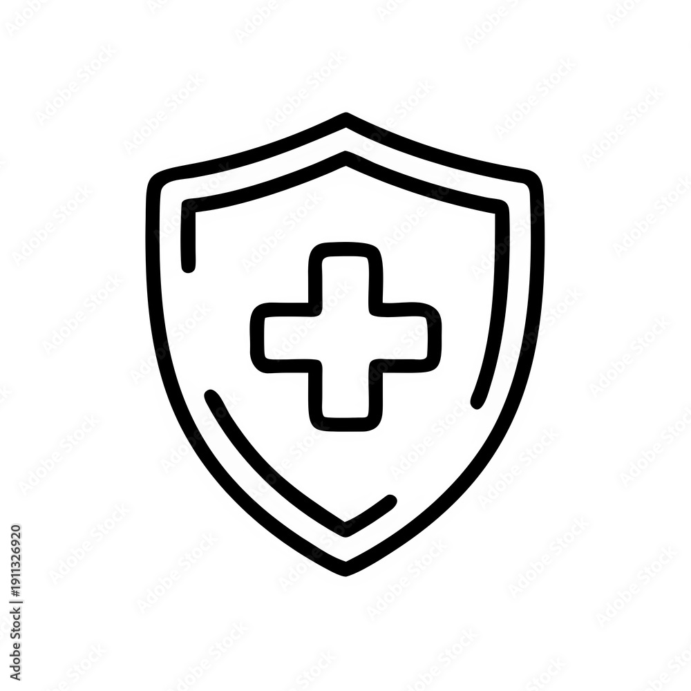 Obraz premium Minimal medical shield icon with a cross in the center, thin stroke line art, flat vector