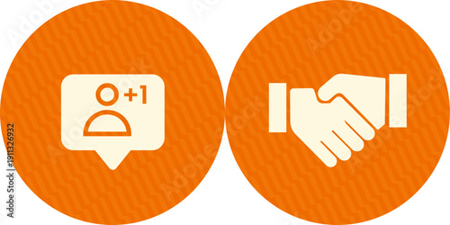 Social media and partnership icons in orange circles.