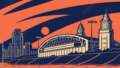 Cincinnati skyline featuring paycor stadium and urban buildings by water in ohio. Suitable for travel websites, city guides, and promotional materials.